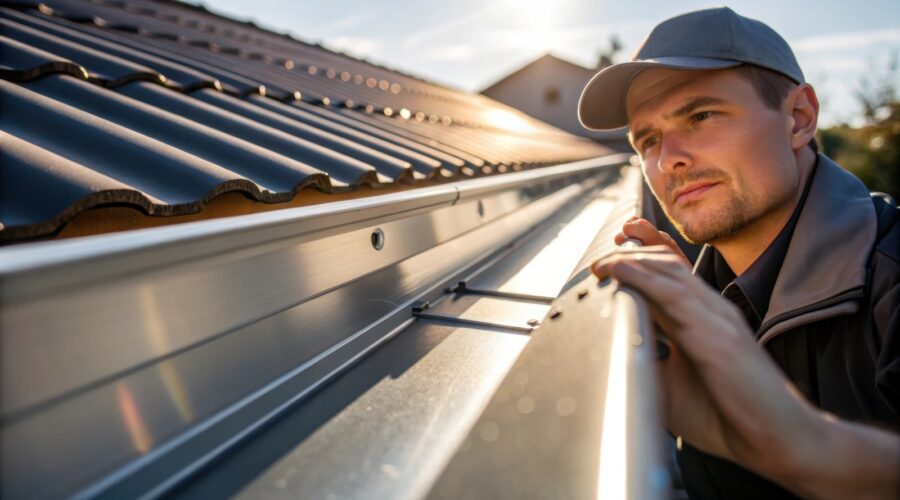 Tulsa Guttering Company Technician installs metal leaf screens on a residential gutter system.